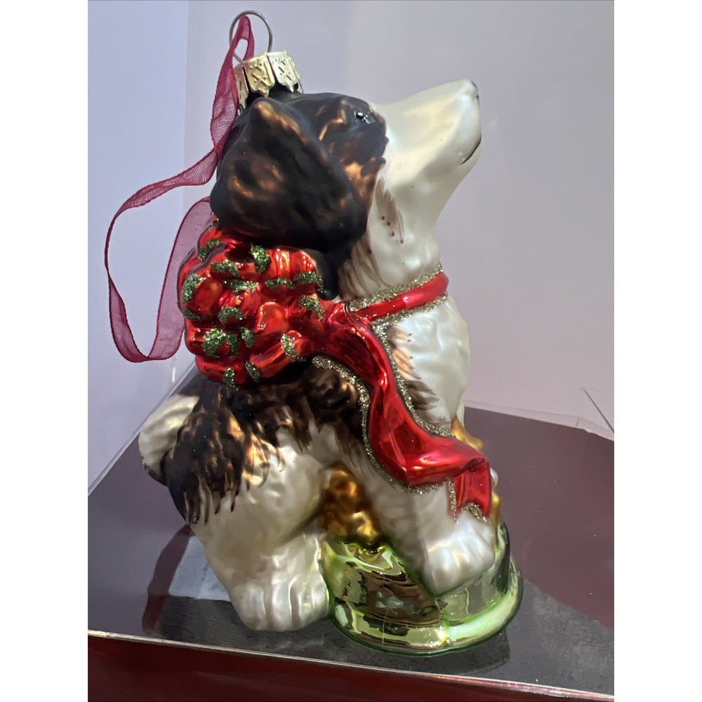 AMC DOG on a Bowl With A Bow Christmas Ornament Hand Blown Glass ~5" Opened Box